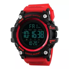 Reloj De Pulsera Skmei 1384 De Cuerpo Color Negro, Digital, Para Hombre, Fondo Negro, Con Correa De Poliuretano Color Rojo, Dial Gris, Minutero/segundero Gris, Bisel Color Negro Y Rojo Y Hebilla Doble