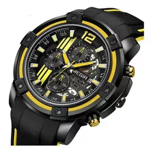 Relógio De Pulso Megir Megir 2097g Com Corpo Preto, Analógico, Para Masculino, Fundo Amarelo, Com Correia De Silicone Cor E Fivela Simples