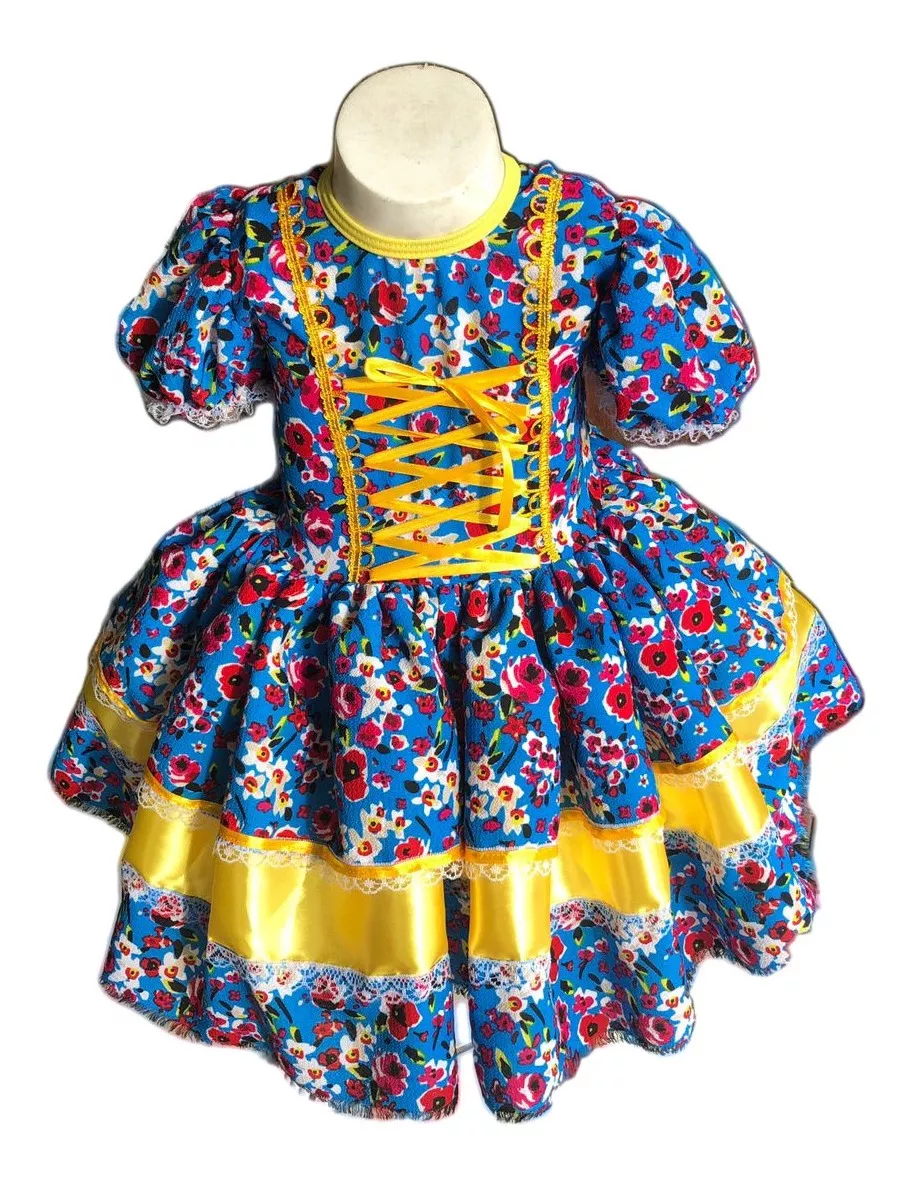 Vestido De Festa Junina Caipira + Laço Cabelo +luva Infantil