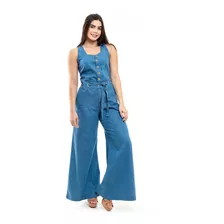 Macacão Jeans Pantalona Feminino Tecido Leve De Botões S3868