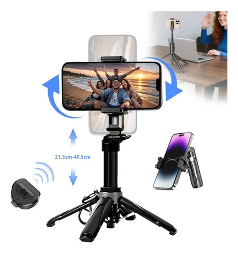 Tripé Bastão Portátil Celular Girar 360° Com Bluetooth Controle Profissional 3 Em 1 Tripé Celular Bastão Foto Vídeo Retrátil Para Live, Vídeo E Fotografia Preto