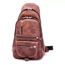 Mochila Masculina Transversal Em Couro Legitimo Reforçado Cor Chocolate Desenho Do Tecido Liso