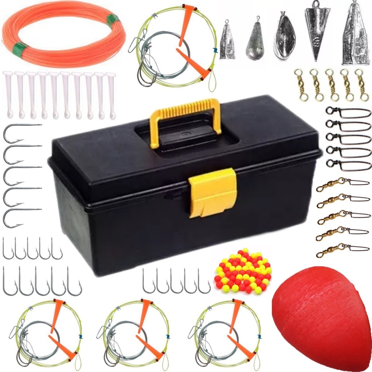 Kit Caja De Pesca Completa Variada Lineas Lista Para Pescar! Anzuelos Perlas Plomadas Boya Rotores