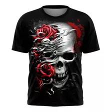 Camisa Camiseta Masculina Estampa Gótica Caveira Com Rosas