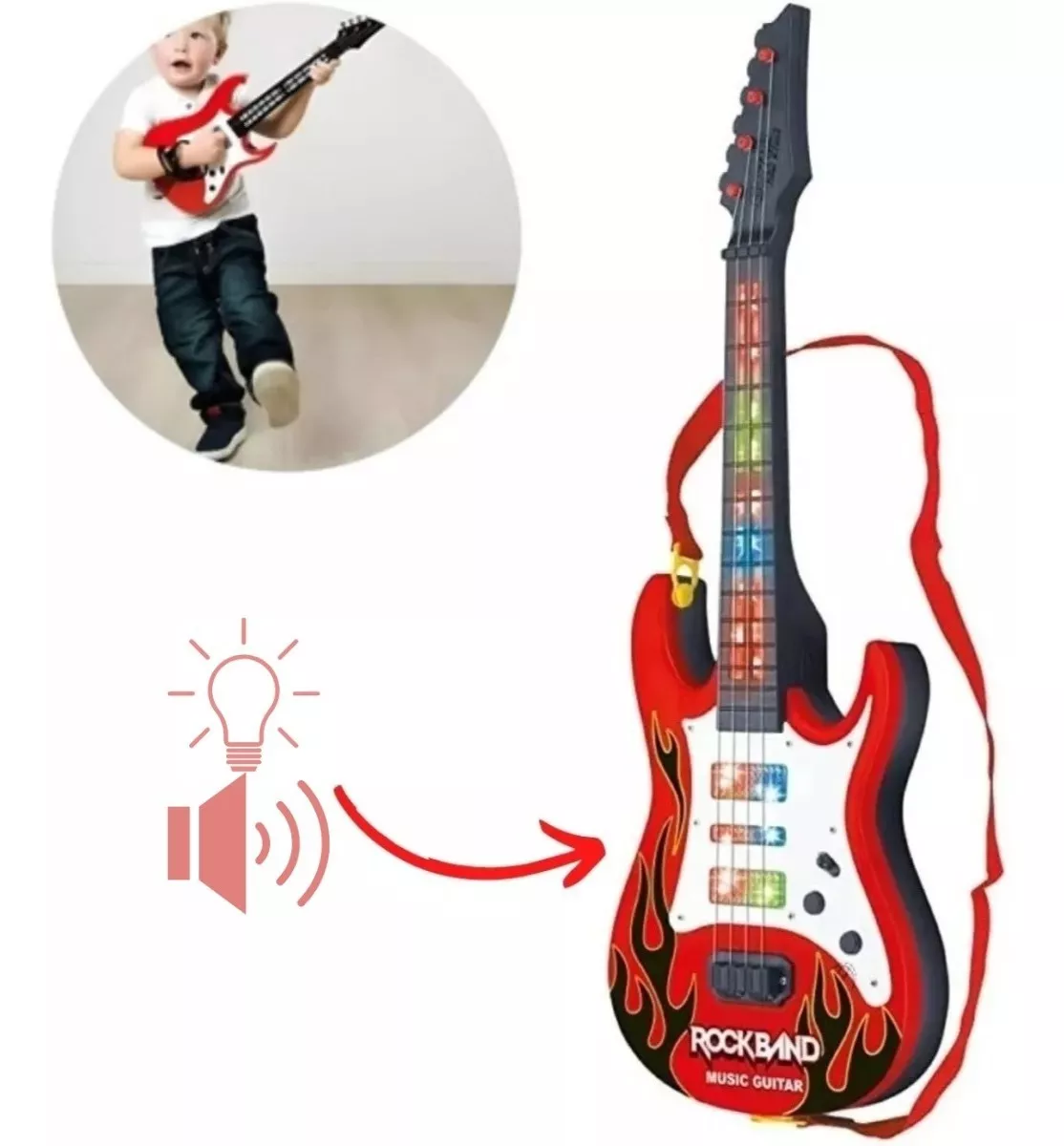 Guitarra Infantil Premium Led E Som Instrumento Criança Rock