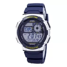 Reloj Pulsera Casio Youth Series Ae-1000 De Cuerpo Color Plateado, Digital, Para Hombre, Fondo Negro, Con Correa De Resina Color Azul, Dial Negro, Subesferas Color Gris, Minutero/segundero Negro, Bise