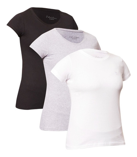 Kit 3 Camiseta Feminino Mescla Branco Preto Polo Wear