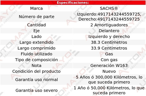 2) Amortiguadores Gas Delanteros Sachs Ml320 1998-2002 Foto 2