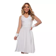 Vestido Perola Midi Godê Manga Longa Noiva Casamento Civil 