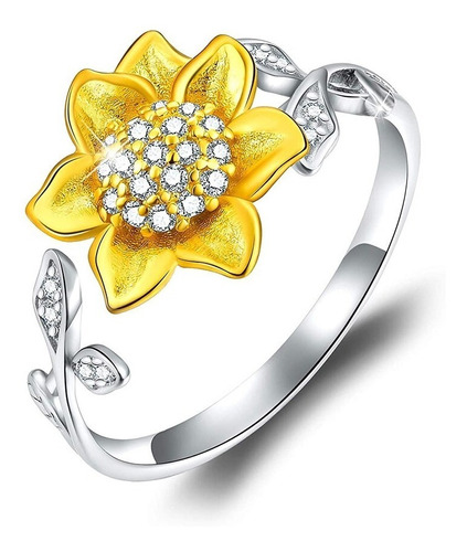 Anillo Girasol S925 Plata Fina Flor Ajustable Regalo Mujer