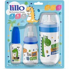 Mamadeira Evolution Magia Kit 3 Pçs 50/120/300ml Azul- Lillo Cor Azul Dinossauro