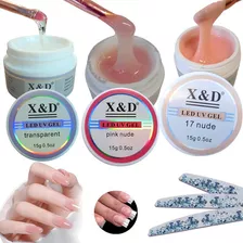 Kit 3 Gel X&d Alongamento Unha Profissional Base Manicure Lixa 100/180