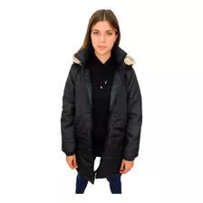 Campera Larga Camperon Capucha Corderito Negra Bordo Mujer