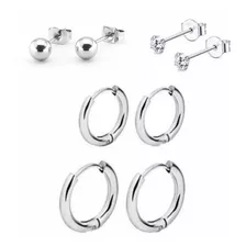 Kit 4 Pares Brinco Aço Inox Bolinha Ponto Luz E Argolas