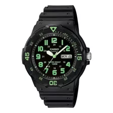 Reloj Pulsera Casio Youth Mrw-200 De Cuerpo Color Negro, Analógico, Para Hombre, Fondo Negro, Con Correa De Resina Color Negro, Agujas Color Blanco Y Verde, Dial Verde, Minutero/segundero Verde, Bisel