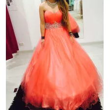 Vestido De 15 Años Color Coral Con Pedrería Brillante