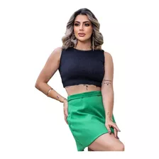 Cropped Blusa Regata Tricot Feminina Gola Redonda Canelado