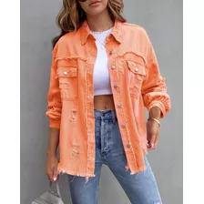 Jaqueta Jeans Feminina Clássica Oversize Rasgada Borda Crua