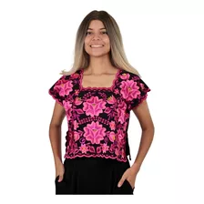 Blusa Artesanal Top Yucateca Bordada Negra Flores Fucsia