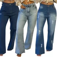 Kit 3 Calça Jeans Feminina Wide Leg Rasgada Nova Coleção