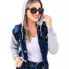 Jaqueta Jeans Com Manga Capuz Moletom Casaco Mulher Inverno