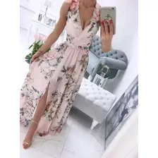 Maxivestido Con Estampado Floral Y Cuello En V Con Cinturón