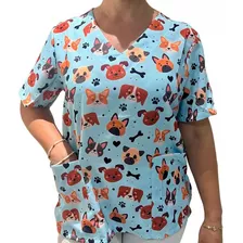 Bata Feminina Vet Dog E Gato Veterinária Azul Blusa Scrub