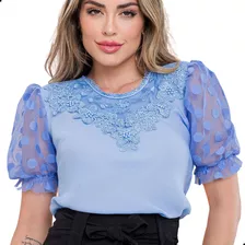 Blusa Feminina Renda Com Pérolas Manga Tule Poa Princesa