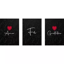 Kit 3 Quadro Decorativo P/ Decoração Amor Fé Gratidao Preto