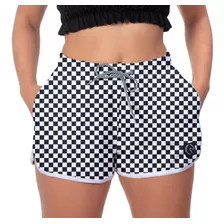 Short Feminino Praia W2 Xadrez Preto Branco Estampado Runner