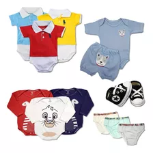 Kit 12 Pçs Roupa De Menino Bebê Com Body Polo Cueca E Tênis