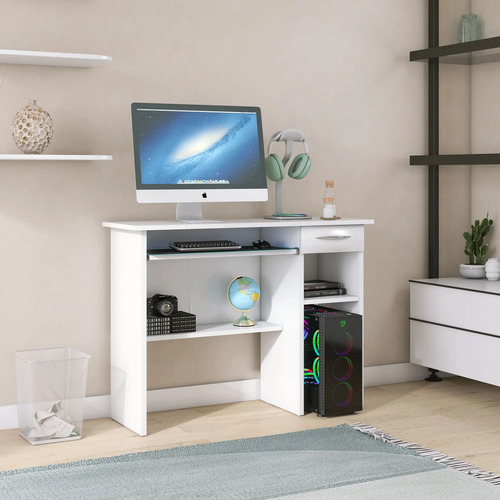 Mesa Branca C/1 Gaveta E Suporte P/teclado Madeira Branco
