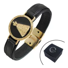 Pulseira Couro Preto Magnética Nossa Senhora Aparecida Top