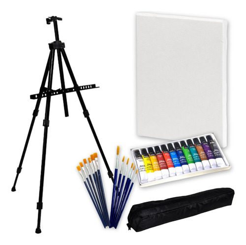 Kit Artistico / 12 Acrilicos + 12 Pinceles + Atril +bastidor