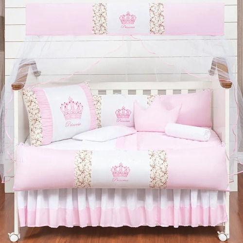 Kit Berço Coroinha Rosa Menina Linda + Lençol Americano 12p Cor Coroa Rosa