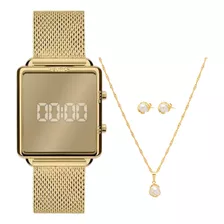 Kit Relógio Euro Feminino Digital Golden + Colar E Brincos