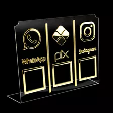 Display Placa 3 Em 1 Whatsapp Pix Insta Qr Code Transparente Transparente E Dourado