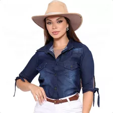 Camisa Jeans Feminina Manga 3/4 Moda Country Cowgirl Rodeio