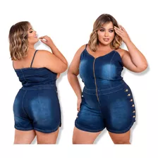 Macaquinho Curto Jeans Plus Size Com Botôes Laterais