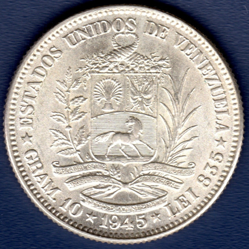 Moneda De Plata De 2 Bolívares Del Año 1945