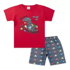 Conjunto Infantil Menino Verão Bebê Dinossauro Robô Vermelho