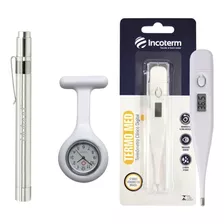 Kit Material Enfermagem Termômetro Relógio Lanterna Branco