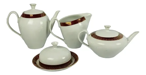 Jogo Chá/café Porcelana Renner Vinho E Dourado Vintage Branco