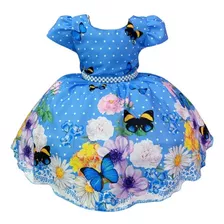 Vestido Infantil Azul Bolinhas Jardim Das Borboletas Pérolas