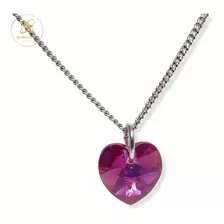 Cadena Plata + Dije Corazon Cristal Swa Fucsia 10mm