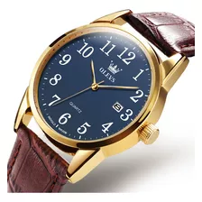 Relógio Masculino Casual Olevs Dourado Pulseira De Couro Cor Da Correia Marrom Cor Do Fundo Azul-marinho