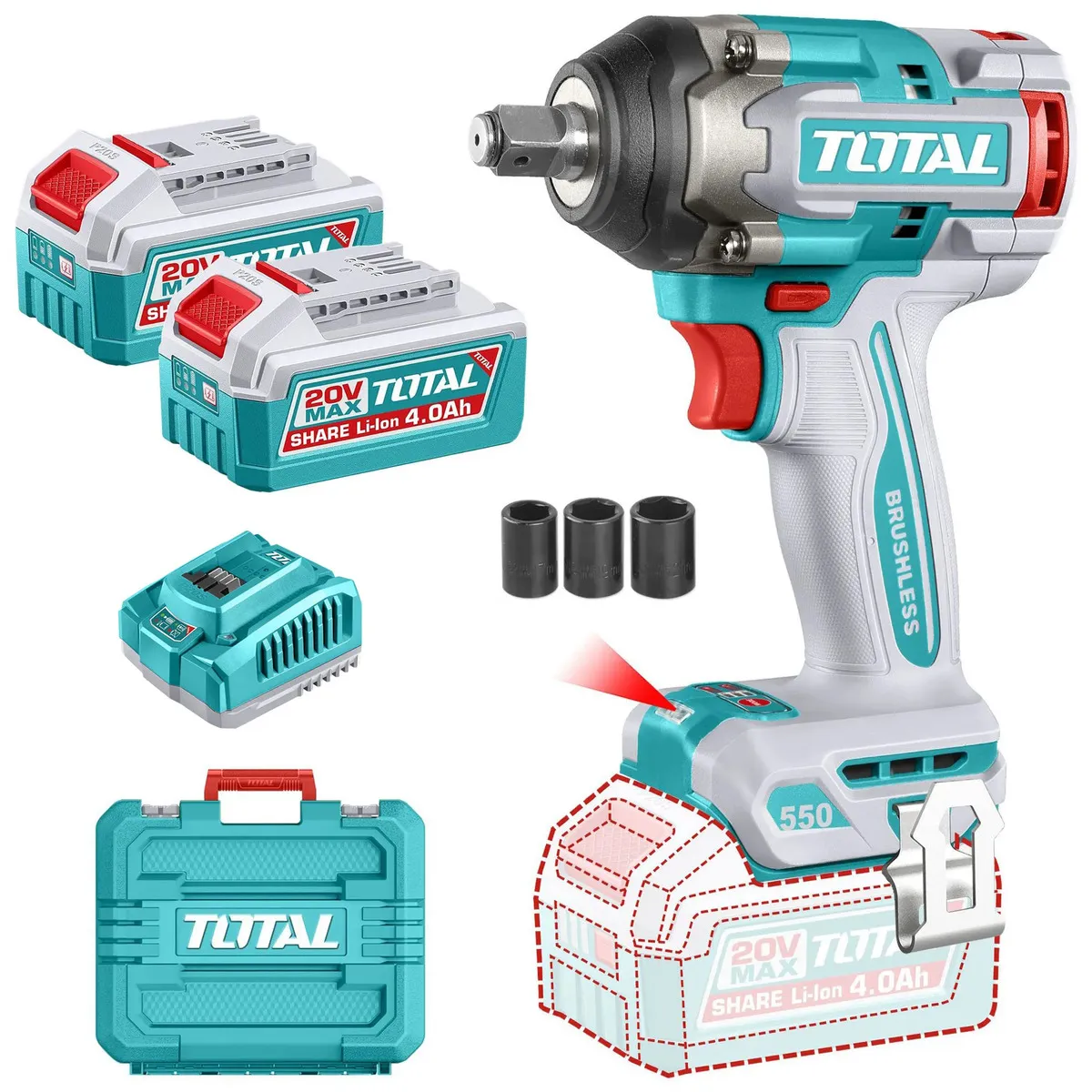 Llave De Impacto Inalámbrica Total 20v Brushless Tiwli2055-4 Turquesa