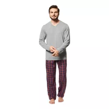 Pijama Masculino Visco Manga Longa Gola V Calca Xadrez Mash 