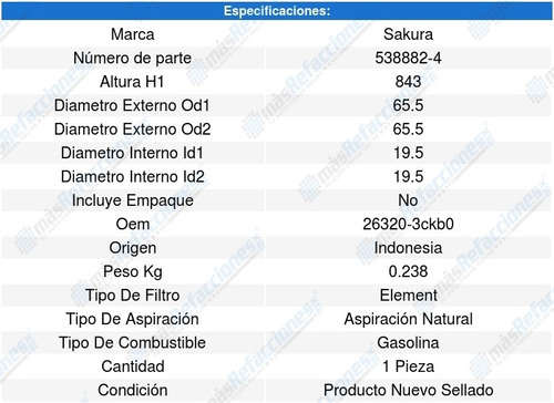 Filtro Aceite Para Kia Sedona V6 3.3l 19 A 20 Sakura 8640053 Foto 2