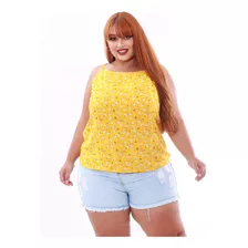 Regata Básica Plus Size Viscose Estampa Floral Amarela